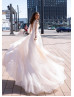 Long Sleeve Ivory Lace Tulle V Back Wedding Dress